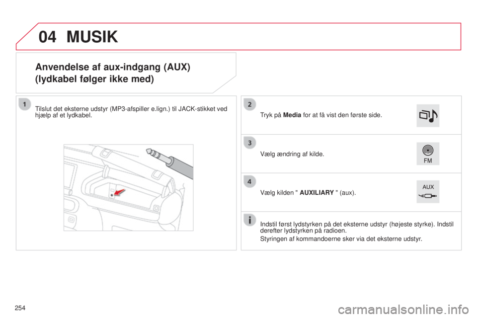CITROEN C4 CACTUS 2015 InstruktionsbØger (in Danish) 04
Anvendelse af aux-indgang (AUX)
(lydkabel følger ikke med)
tilslut det eksterne udstyr (MP3-afspiller e.lign.) til JACk -stikket ved
hjælp af et lydkabel.
Indstil først lydstyrken på det ekste CITROEN C4 CACTUS 2015 InstruktionsbØger (in Danish) 04
Anvendelse af aux-indgang (AUX)
(lydkabel følger ikke med)
tilslut det eksterne udstyr (MP3-afspiller e.lign.) til JACk -stikket ved
hjælp af et lydkabel.
Indstil først lydstyrken på det ekste