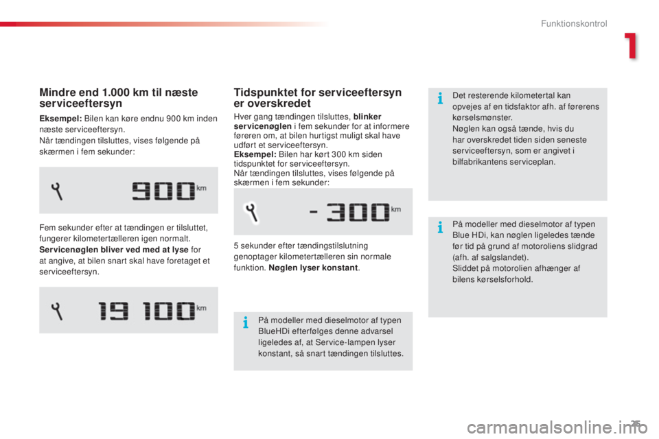 CITROEN C4 CACTUS 2015  InstruktionsbØger (in Danish) 25
C4-cactus_da_Chap01_controle-de-marche_ed02-2014
Tidspunktet for serviceeftersyn 
er overskredet
Hver gang tændingen tilsluttes, blinker 
servicenøglen i fem sekunder for at informere 
føreren o