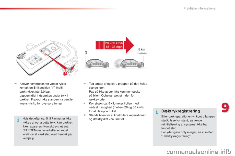 CITROEN C4 CACTUS 2014 InstruktionsbØger (in Danish) 177
E3_da_Chap09_info_pratiques_ed01-2014
F Aktiver kompressoren ved at rykke kontakten B til position "I" , indtil
dæktrykket når 2,0
bar.
L
appemidlet indsprøjtes under tryk i
dækk CITROEN C4 CACTUS 2014 InstruktionsbØger (in Danish) 177
E3_da_Chap09_info_pratiques_ed01-2014
F Aktiver kompressoren ved at rykke kontakten B til position "I" , indtil
dæktrykket når 2,0
bar.
L
appemidlet indsprøjtes under tryk i
dækk