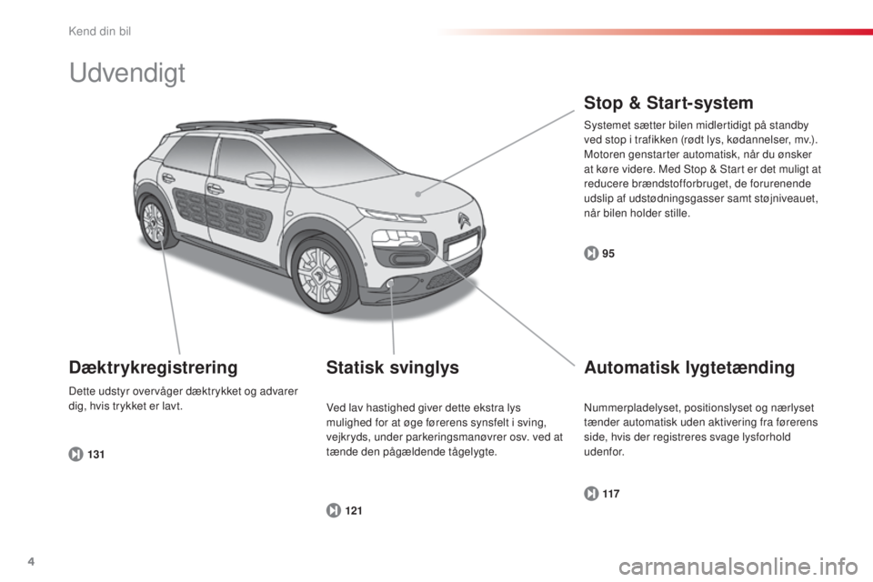 CITROEN C4 CACTUS 2014  InstruktionsbØger (in Danish) 4
E3_da_Chap00b_prise-en-main_ed01-2014
Udvendigt
Automatisk lygtetænding
117
Statisk svinglysStop & Start-system
121 95
131
Dæktrykregistrering
Dette udstyr overvåger dæktrykket og advarer 
dig, 