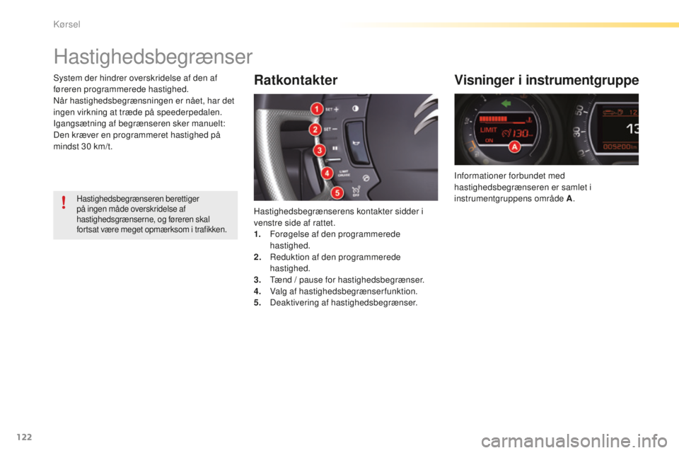 CITROEN C5 2016 InstruktionsbØger (in Danish) 122
C5_da_Chap04_conduite_ed01-2015
Hastighedsbegrænser
Ratkontakter
Hastighedsbegrænserens kontakter sidder i
venstre side af rattet.
1.
F
orøgelse af den programmerede
hastighed.
2.
r
e
du CITROEN C5 2016 InstruktionsbØger (in Danish) 122
C5_da_Chap04_conduite_ed01-2015
Hastighedsbegrænser
Ratkontakter
Hastighedsbegrænserens kontakter sidder i
venstre side af rattet.
1.
F
orøgelse af den programmerede
hastighed.
2.
r
e
du