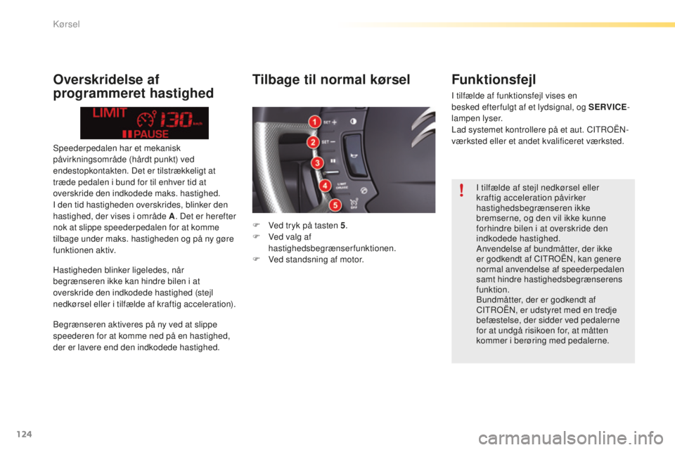 CITROEN C5 2016 InstruktionsbØger (in Danish) 124
C5_da_Chap04_conduite_ed01-2015
speederpedalen har et mekanisk
påvirkningsområde (hårdt punkt) ved
endestopkontakten. Det er tilstrækkeligt at
træde pedalen i bund for til enhver tid at
o CITROEN C5 2016 InstruktionsbØger (in Danish) 124
C5_da_Chap04_conduite_ed01-2015
speederpedalen har et mekanisk
påvirkningsområde (hårdt punkt) ved
endestopkontakten. Det er tilstrækkeligt at
træde pedalen i bund for til enhver tid at
o