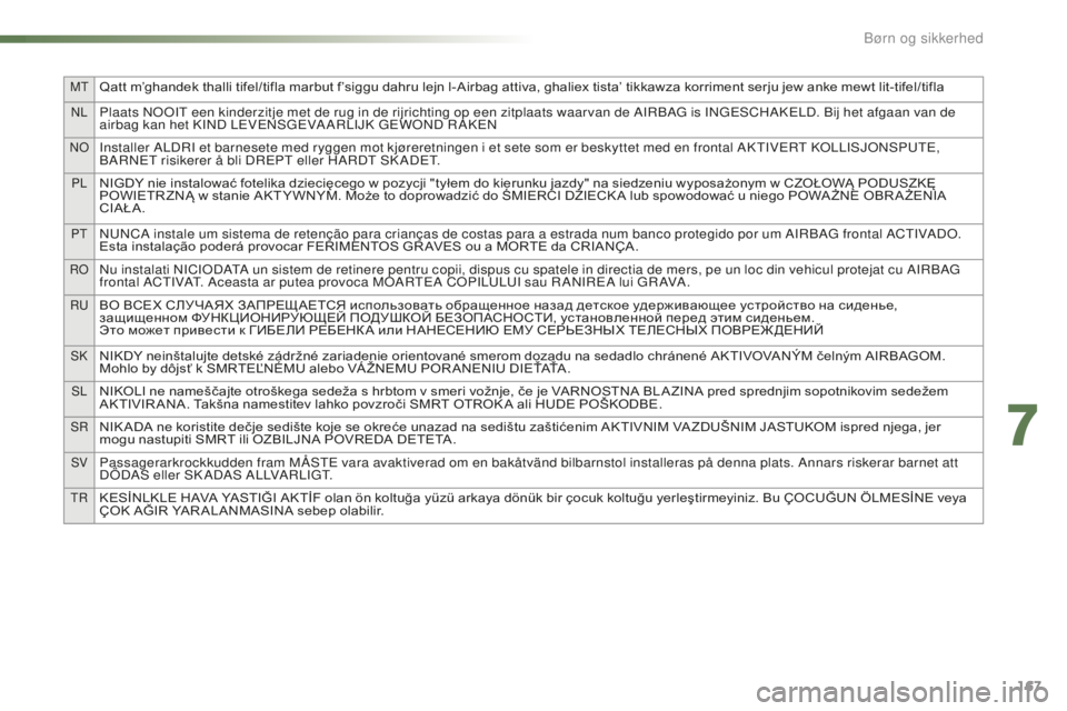 CITROEN C5 2016 InstruktionsbØger (in Danish) MtQatt m’ghandek thalli tifel/tifla marbut f’siggu dahru lejn l-Airbag attiva, ghaliex tista’ tikkawza korriment serju jew anke mewt lit-tifel/tifla
nLPlaats nooIt een kinderzitje met de rug in CITROEN C5 2016 InstruktionsbØger (in Danish) MtQatt m’ghandek thalli tifel/tifla marbut f’siggu dahru lejn l-Airbag attiva, ghaliex tista’ tikkawza korriment serju jew anke mewt lit-tifel/tifla
nLPlaats nooIt een kinderzitje met de rug in