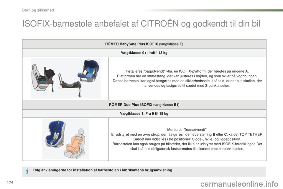 CITROEN C5 2016 InstruktionsbØger (in Danish) 174
C5_da_Chap07_securite-enfant_ed01-2015
IsoFIX-barnestole anbefalet af CItroËn og godkendt til din bil
RÖMER BabySafe Plus ISOFIX (vægtklasse E )
Vægtklasse 0+: Indtil 13 kg
Installeres CITROEN C5 2016 InstruktionsbØger (in Danish) 174
C5_da_Chap07_securite-enfant_ed01-2015
IsoFIX-barnestole anbefalet af CItroËn og godkendt til din bil
RÖMER BabySafe Plus ISOFIX (vægtklasse E )
Vægtklasse 0+: Indtil 13 kg
Installeres