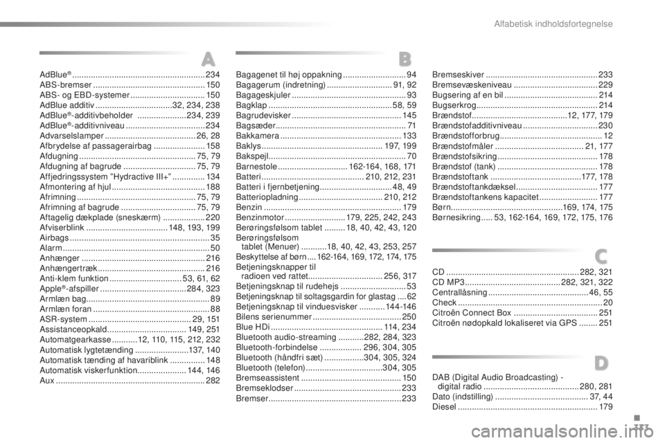 CITROEN C5 2016  InstruktionsbØger (in Danish) 333
C5_da_Chap12_index-alpha_ed01-2015
Adblue® .........................................................234
Ab
s-
bremser  ................................................ 150
A
b

s
- o

g E
bD
 -sy