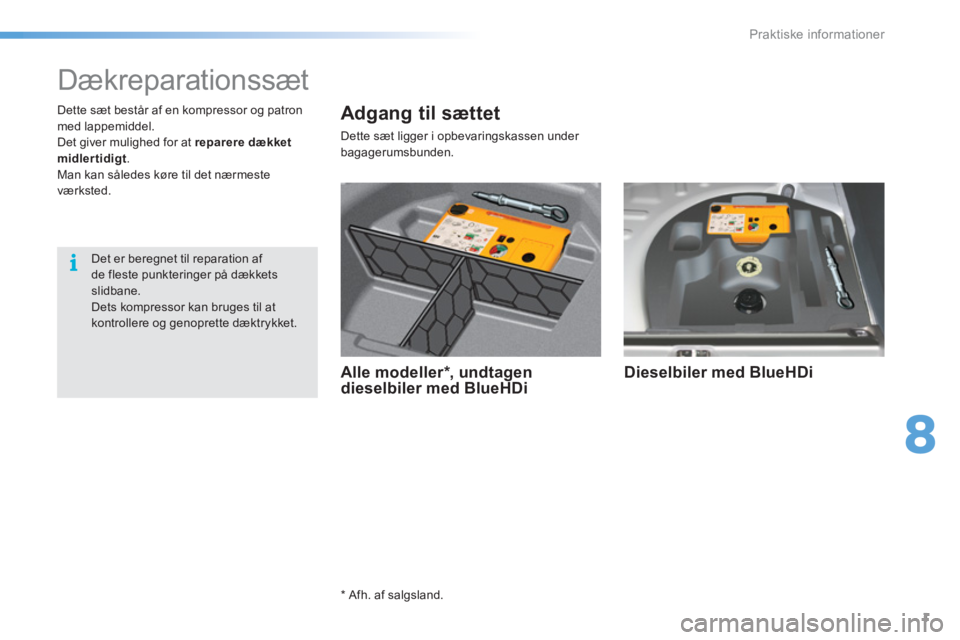 CITROEN C5 2016  InstruktionsbØger (in Danish) 8
Praktiske informationer
1
   
 
 
 
 
 
 
 
 
 
 
 
Dækreparationssæt 
 
 
 
Alle modeller * , undtagen 
dieselbiler med BlueHDi     
Dieselbiler med BlueHDi  
 
 
 
 
 
*   
Afh. af salgsland.  
