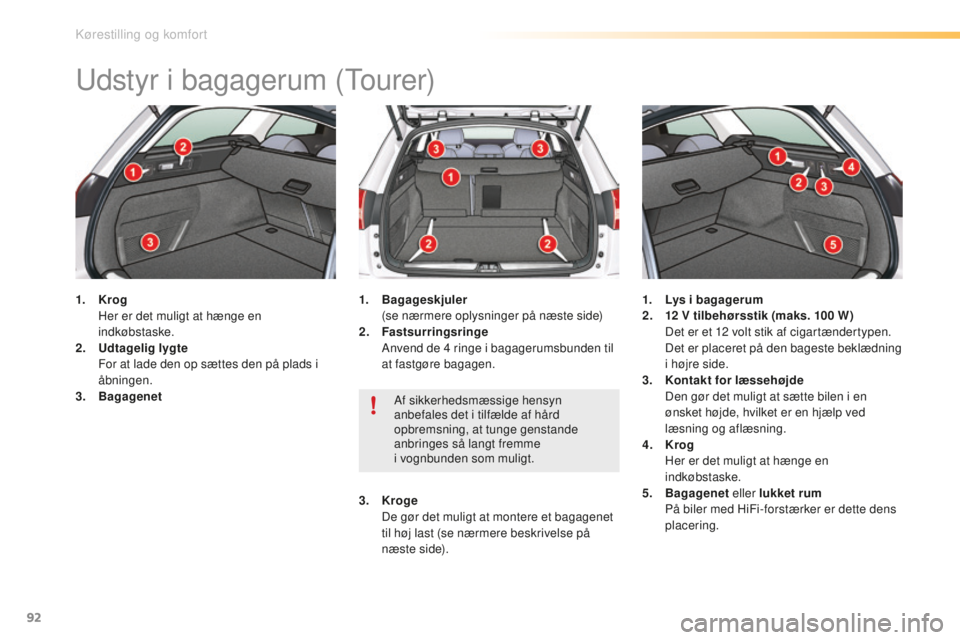 CITROEN C5 2016 InstruktionsbØger (in Danish) 92
C5_da_Chap03_ergo-et-confort_ed01-2015
udstyr i bagagerum (tourer)
1. Krog H
er er det muligt at hænge en
indkøbstaske.
2.
U
dtagelig lygte
F
or at lade den op sættes den på plads i
åbni CITROEN C5 2016 InstruktionsbØger (in Danish) 92
C5_da_Chap03_ergo-et-confort_ed01-2015
udstyr i bagagerum (tourer)
1. Krog H
er er det muligt at hænge en
indkøbstaske.
2.
U
dtagelig lygte
F
or at lade den op sættes den på plads i
åbni