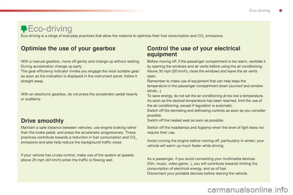 Citroen C4 CACTUS RHD 2015 1.G User Guide 9
Optimise the use of your gearbox
With a manual gearbox, move off gently and change up without waiting. During a cceleration c hange u p e arly.
The
 g

ear
 e
 fficiency
 i
 ndica