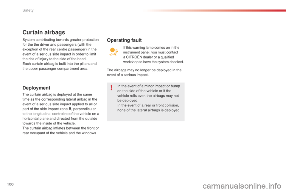 Citroen C4 CACTUS RHD 2015 1.G Owners Manual 100
In the event of a minor impact or bump on the s ide o f t he v ehicle o r i f t he ve
hicle
r
olls
o
ver,
t
he
a
irbags
m
ay
n
ot
be d
eployed.
In the even Citroen C4 CACTUS RHD 2015 1.G Owners Manual 100
In the event of a minor impact or bump on the s ide o f t he v ehicle o r i f t he ve
hicle
r
olls
o
ver,
t
he
a
irbags
m
ay
n
ot
be d
eployed.
In the even