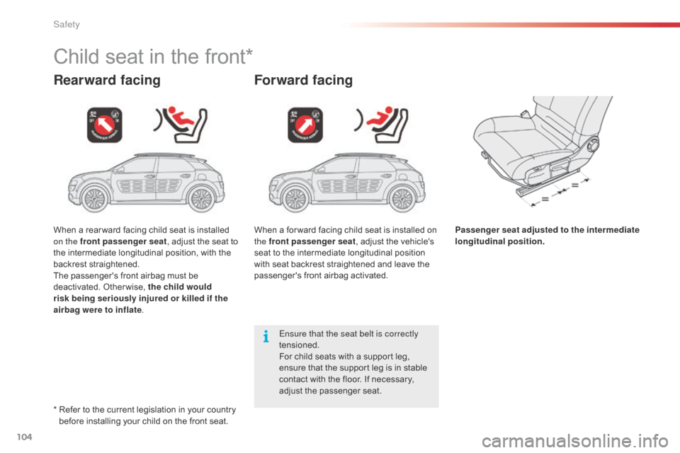 Citroen C4 CACTUS RHD 2015 1.G Owners Manual 104
Child seat in the front*
Rearward facingForward facing
Passenger seat adjusted to the intermediate
longitudinal position.
Ensure that the seat belt is correctly
tensioned.
For
c
hild
s
Citroen C4 CACTUS RHD 2015 1.G Owners Manual 104
Child seat in the front*
Rearward facingForward facing
Passenger seat adjusted to the intermediate
longitudinal position.
Ensure that the seat belt is correctly
tensioned.
For
c
hild
s