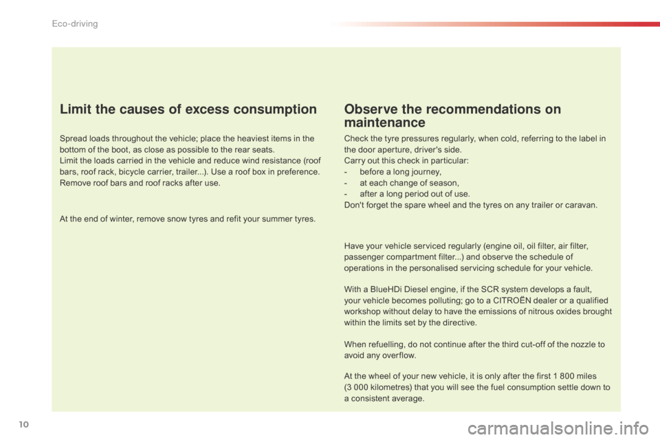 Citroen C4 CACTUS RHD 2015 1.G User Guide 10
Limit the causes of excess consumption
Spread loads throughout the vehicle; place the heaviest items in the bottom o f t he b oot, a s c lose a s p ossible t o t he r ear s ea