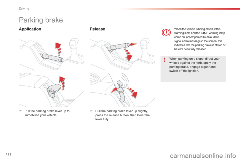 Citroen C4 CACTUS RHD 2015 1.G Owners Manual 122
Parking brake
ApplicationRelease
When parking on a slope, direct your wh
eels a gainst t he k erb, a pply t he pa

rking
 b
 rake,
 e
 ngage
 a g
 ear
 a
 nd
 sw

itch
 o
 ff
