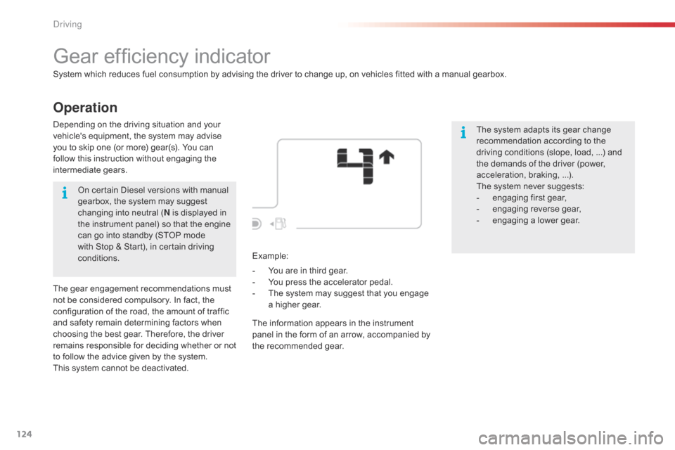 Citroen C4 CACTUS RHD 2015 1.G Owners Manual 124
Operation
Gear efficiency indicator
System which reduces fuel consumption by advising the driver to change up, on vehicles fitted with a manual gearbox.
Th e
 s
 ystem
 a
 da