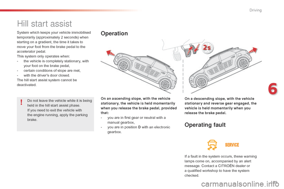 Citroen C4 CACTUS RHD 2015 1.G Owners Manual 129
Hill start assist
System which keeps your vehicle immobilised temporarily ( approximately 2 s econds) w hen st

arting
 o
 n
 a g
 radient,
 t
 he
 t
 ime
 i
 t
 t
 akes
 t
 o

