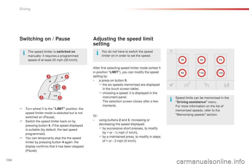 Citroen C4 CACTUS RHD 2015 1.G Owners Manual 134
Switching on / Pause
F Turn wheel 1 to the "LIMIT" position: t he sp
eed l imiter m ode i s s elected b ut i s n ot sw

itched
 o
 n
 (
 Pause).
F
 Sw

itch
 t
 he
 s
 peed
 l
 im