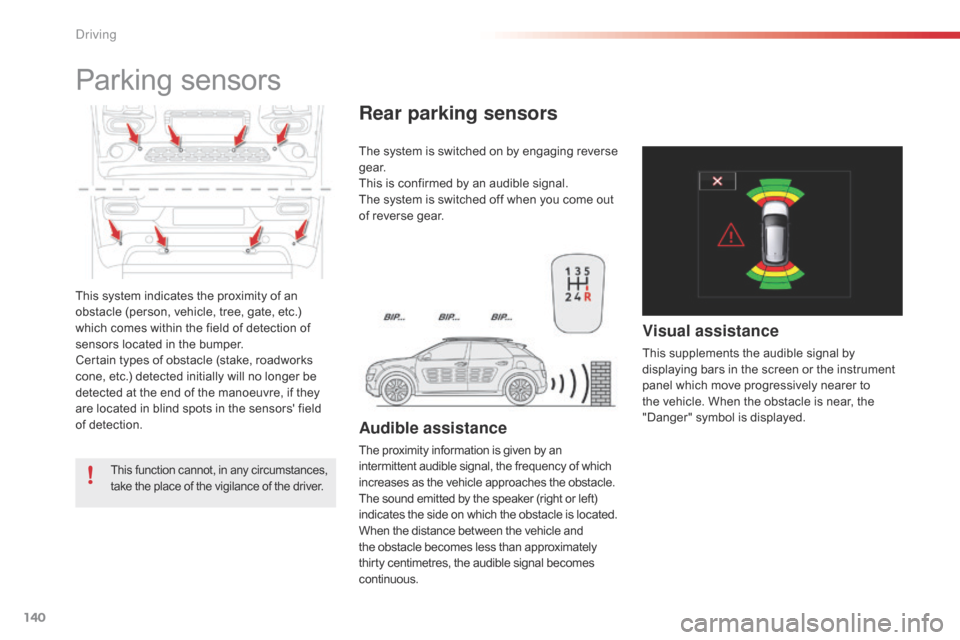 Citroen C4 CACTUS RHD 2015 1.G Owners Manual 140
This system indicates the proximity of an obstacle ( person, v ehicle, t ree, g ate, e tc.) wh

ich
 c
 omes
 w
 ithin
 t
 he
 f
 ield
 o
 f
 d
 etection
 o
 f
 se

nsors
 l
