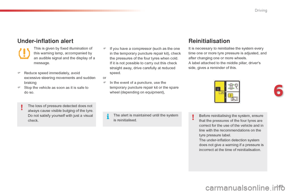 Citroen C4 CACTUS RHD 2015 1.G Owners Manual 149
Under-inflation alertReinitialisation
Before reinitialising the system, ensure th
at the pressures of the four tyres are 
correct
 f

or
 t
 he
 u
 se
 o
 f
 t
 he
 v
 ehicle
 a
 nd
 
