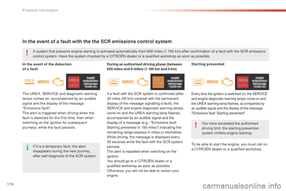 Citroen C4 CACTUS RHD 2015 1.G User Guide 176
In the event of a fault with the the SCR emissions control system
In the event of the detection  
of a faultDuring an authorised driving phase (between 
650 miles and 0 miles) (1 100 km and 0 km)
