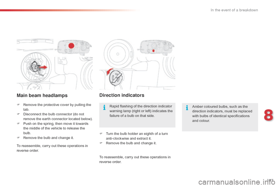 Citroen C4 CACTUS RHD 2015 1.G Owners Manual 197
Main beam headlamps
F Remove the p rotective c over b y p ulling t he ta
b.
F
 Di

sconnect
 t
 he
 b
 ulb
 c
 onnector
 (
 do
 n
 ot
 re

move
 th
 e
 ea
 rth
 con
 nector
 loc