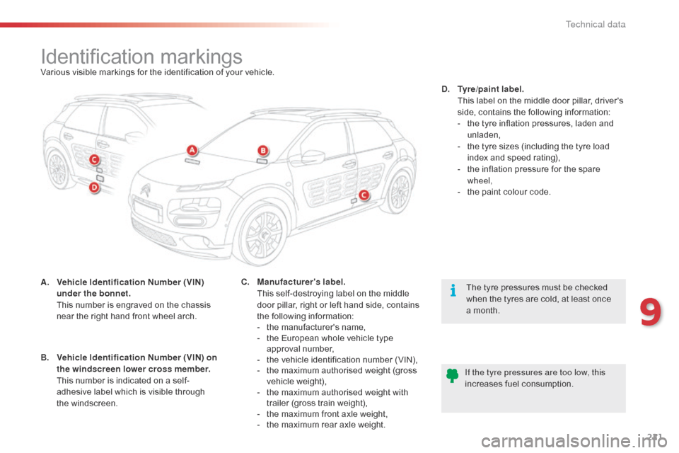 Citroen C4 CACTUS RHD 2015 1.G Owners Manual 221
Identification markingsVarious visible markings for the identification of your vehicle.
A.
 Ve
 hicle Identification Number (VIN) 
under the bonnet.  
 Th

is
 n
 umber
 i
 s
 e
 ngra