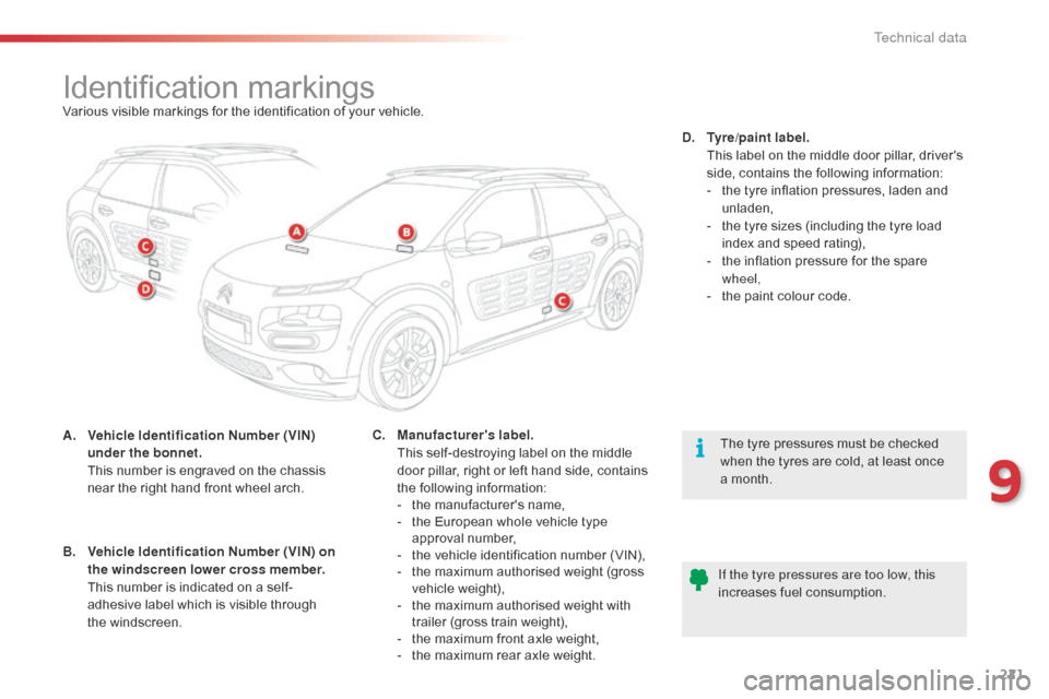 Citroen C4 CACTUS RHD 2015 1.G Owners Manual 221
Identification markingsVarious visible markings for the identification of your vehicle.
A.
Ve
hicle Identification Number (VIN)
under the bonnet.
Th
is
n
umber
i
s
e
ngra Citroen C4 CACTUS RHD 2015 1.G Owners Manual 221
Identification markingsVarious visible markings for the identification of your vehicle.
A.
Ve
hicle Identification Number (VIN)
under the bonnet.
Th
is
n
umber
i
s
e
ngra