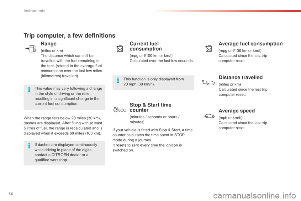 Citroen C4 CACTUS RHD 2015 1.G Owners Manual 36
Trip computer, a few definitions
Range
(miles or km)
Th e d istance w hich c an s till b e tr

avelled
 w
 ith
 t
 he
 f
 uel
 r
 emaining
 i
 n
 th

e
 t
 ank
 (
 related
 t
 o
 