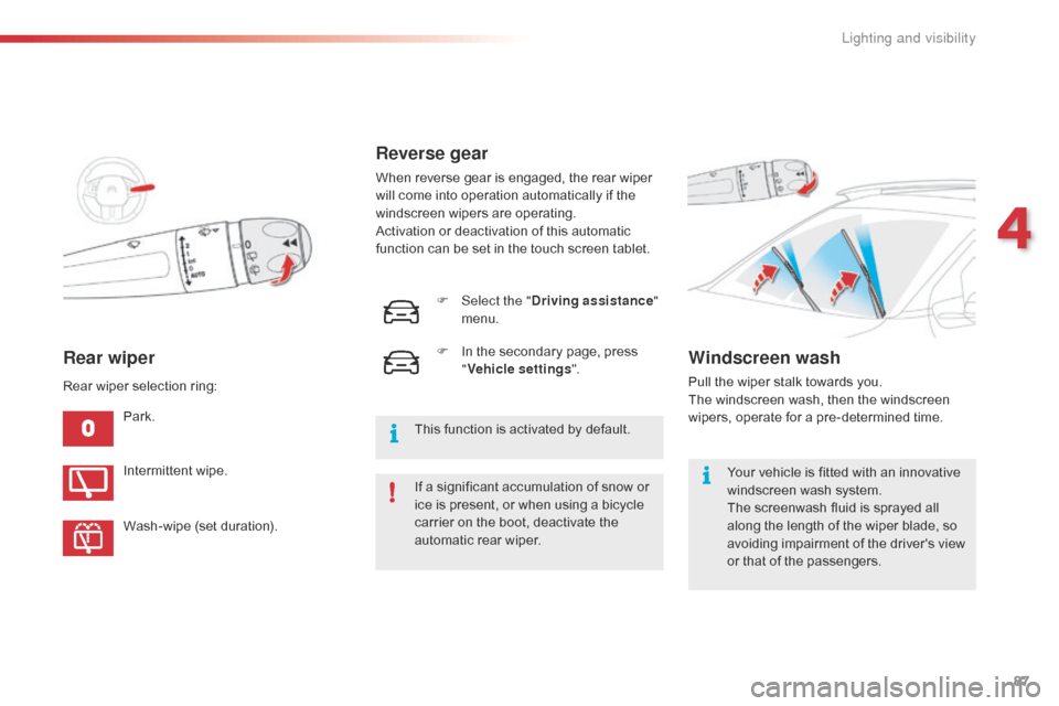 Citroen C4 CACTUS RHD 2015 1.G Owners Manual 87
Rear wiper
Park.If
 a s
 ignificant
 a
 ccumulation
 o
 f
 s
 now
 o
 r
 ic

e
 i
 s
 p
 resent,
 o
 r
 w
 hen
 u
 sing
 a b
 icycle
 ca

rrier
 o
 n
 t
 he
 b
 oot,
 d
 eactivat