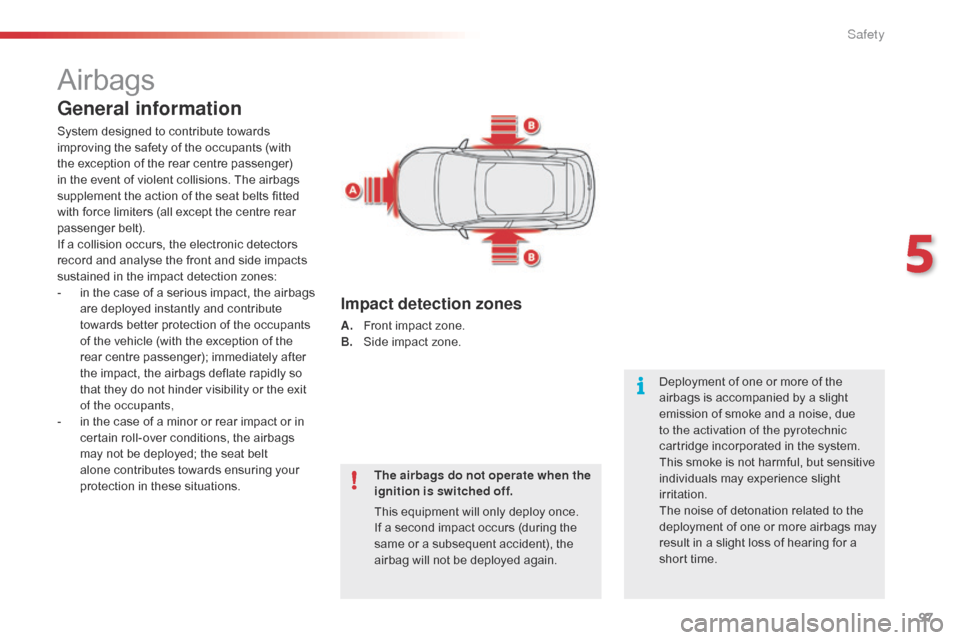Citroen C4 CACTUS RHD 2015 1.G Owners Manual 97
Airbags
General information
System designed to contribute towards improving t he s afety o f t he o ccupants ( with th
e
e
xception
o
f
t
he
r
ear
c
entre
p
assenger) Citroen C4 CACTUS RHD 2015 1.G Owners Manual 97
Airbags
General information
System designed to contribute towards improving t he s afety o f t he o ccupants ( with th
e
e
xception
o
f
t
he
r
ear
c
entre
p
assenger)