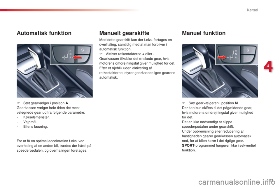 CITROEN C5 2015 InstruktionsbØger (in Danish) 113
C5_da_Chap04_conduite_ed01-2014
Manuelt gearskifte
Med dette gearskift kan der f.eks. fortages en
overhaling, samtidig med at man forbliver i
automatisk funktion.
F
A
ktiver ratkontakterne + e CITROEN C5 2015 InstruktionsbØger (in Danish) 113
C5_da_Chap04_conduite_ed01-2014
Manuelt gearskifte
Med dette gearskift kan der f.eks. fortages en
overhaling, samtidig med at man forbliver i
automatisk funktion.
F
A
ktiver ratkontakterne + e