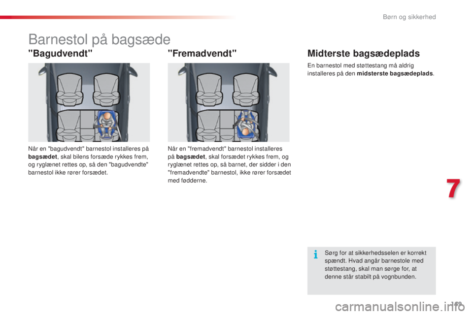 CITROEN C5 2015  InstruktionsbØger (in Danish) 169
C5_da_Chap07_securite-enfant_ed01-2014
barnestol på bagsæde
"Bagudvendt"
når en "bagudvendt" barnestol installeres på 
bagsædet, skal bilens forsæde rykkes frem, 
og ryglæne