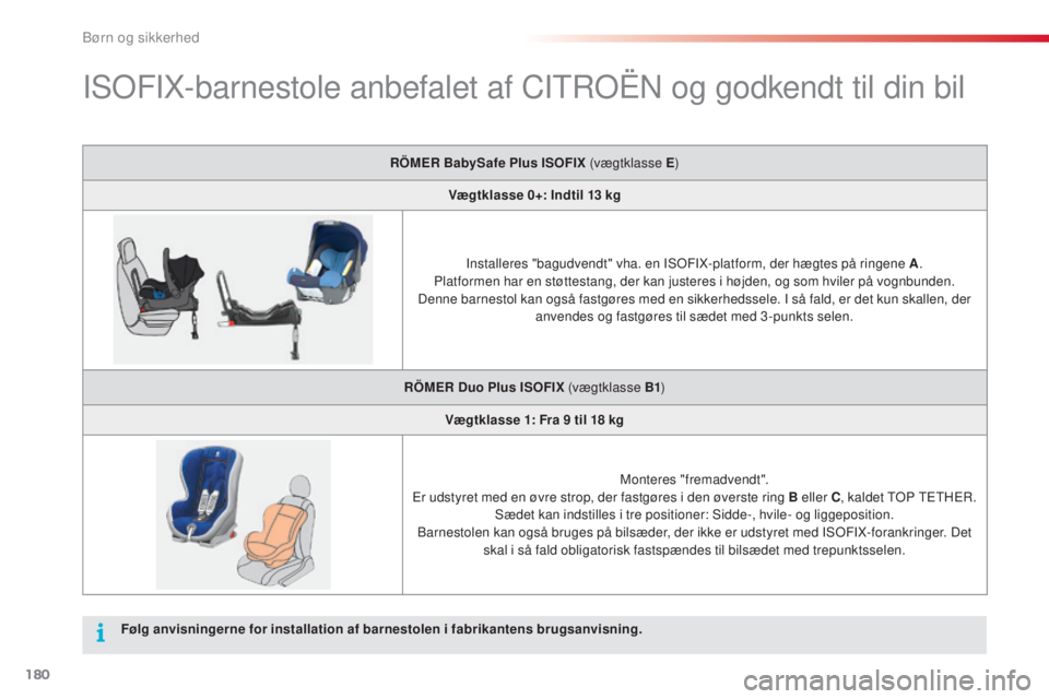 CITROEN C5 2015  InstruktionsbØger (in Danish) 180
C5_da_Chap07_securite-enfant_ed01-2014
IsoFIX-barnestole anbefalet af CItroËn  og godkendt til din bil
RÖMER BabySafe Plus ISOFIX  (vægtklasse E )
Vægtklasse 0+: Indtil 13   kg
Installeres 
