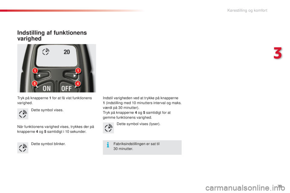 CITROEN C5 2015 InstruktionsbØger (in Danish) 79
C5_da_Chap03_ergo-et-confort_ed01-2014
tryk på knapperne 1 for at få vist funktionens
varighed.
Indstilling af funktionens
varighed
Dette symbol vises.
nå
r funktionens varighed vises, trykk CITROEN C5 2015 InstruktionsbØger (in Danish) 79
C5_da_Chap03_ergo-et-confort_ed01-2014
tryk på knapperne 1 for at få vist funktionens
varighed.
Indstilling af funktionens
varighed
Dette symbol vises.
nå
r funktionens varighed vises, trykk