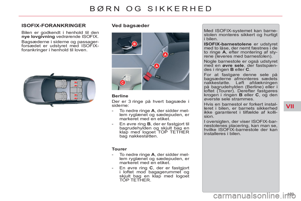 CITROEN C5 2014 InstruktionsbØger (in Danish) VII
109
BØRN OG SIKKERHED
ISOFIX-FORANKRINGER
Bilen er godkendt i henhold til den
nye lovgivning
vedrørende ISOFIX.
Bagsæderne i siderne og passager-
forsædet er udstyret med ISOFIX-
fo CITROEN C5 2014 InstruktionsbØger (in Danish) VII
109
BØRN OG SIKKERHED
ISOFIX-FORANKRINGER
Bilen er godkendt i henhold til den
nye lovgivning
vedrørende ISOFIX.
Bagsæderne i siderne og passager-
forsædet er udstyret med ISOFIX-
fo