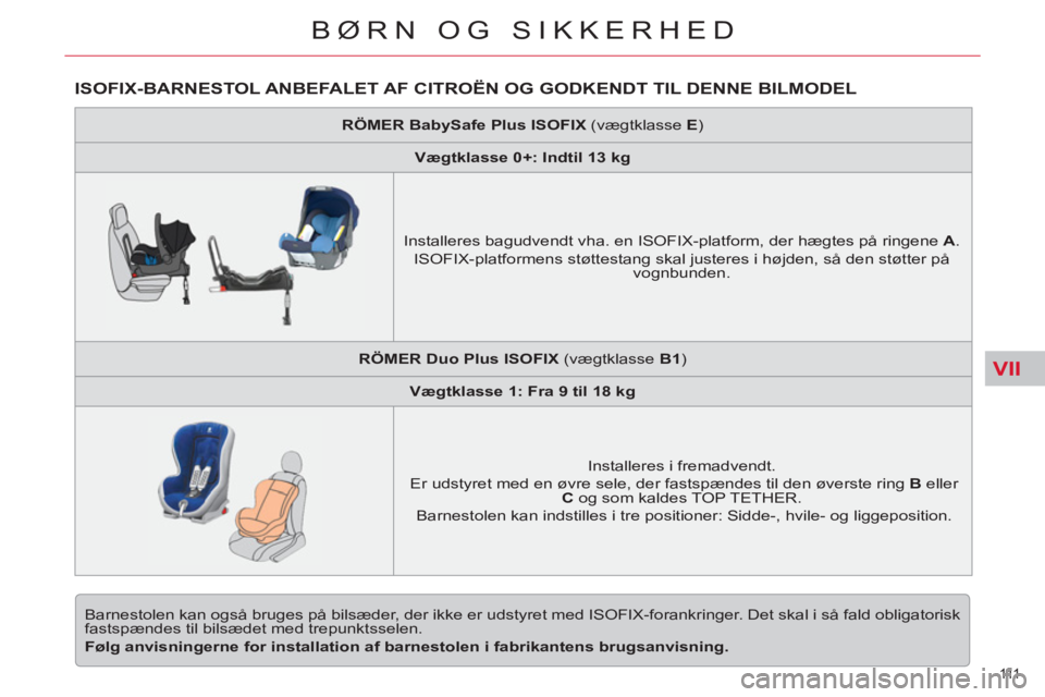 CITROEN C5 2014 InstruktionsbØger (in Danish) VII
111
BØRN OG SIKKERHED
ISOFIX-BARNESTOL ANBEFALET AF CITROËN OG GODKENDT TIL DENNE BILMODEL
Barnestolen kan også bruges på bilsæder, der ikke er udstyret med ISOFIX-forankringer. Det skal CITROEN C5 2014 InstruktionsbØger (in Danish) VII
111
BØRN OG SIKKERHED
ISOFIX-BARNESTOL ANBEFALET AF CITROËN OG GODKENDT TIL DENNE BILMODEL
Barnestolen kan også bruges på bilsæder, der ikke er udstyret med ISOFIX-forankringer. Det skal