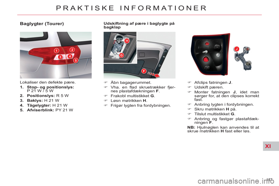 CITROEN C5 2014  InstruktionsbØger (in Danish) XI
187 
PRAKTISKE INFORMATIONER
   
Udskiftning af pære i baglygte på 
bagklap 
   
 
�) 
 Åbn bagagerummet. 
   
�) 
 Vha. en ﬂ ad skruetrækker fjer-
nes plastafdækningen  F 
. 
   
�) 
  Frak