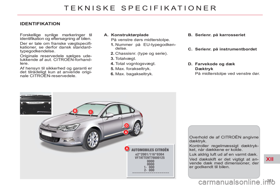 CITROEN C5 2014 InstruktionsbØger (in Danish) XII
221
TEKNISKE SPECIFIKATIONER
IDENTIFIKATION
Forskellige synlige markeringer til
identifi kation og eftersøgning af bilen.
Der er tale om franske vægtspecifi -
kationer, se derfor dansk CITROEN C5 2014 InstruktionsbØger (in Danish) XII
221
TEKNISKE SPECIFIKATIONER
IDENTIFIKATION
Forskellige synlige markeringer til
identifi kation og eftersøgning af bilen.
Der er tale om franske vægtspecifi -
kationer, se derfor dansk