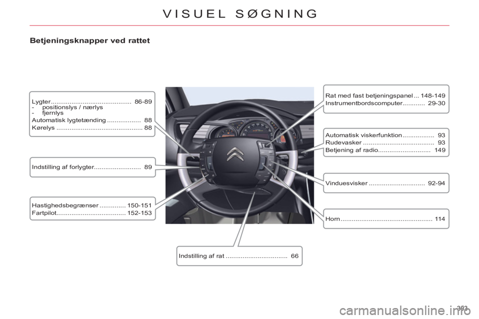 CITROEN C5 2014 InstruktionsbØger (in Danish) 303
VISUEL SØGNING
Lygter ........................................... 86-89
- positionslys / nærlys
- fjernlys
Automatisk lygtetænding .................. 88
Kørelys . CITROEN C5 2014 InstruktionsbØger (in Danish) 303
VISUEL SØGNING
Lygter ........................................... 86-89
- positionslys / nærlys
- fjernlys
Automatisk lygtetænding .................. 88
Kørelys .