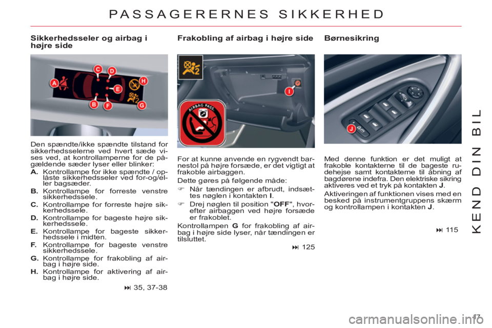 CITROEN C5 2012  InstruktionsbØger (in Danish) 17 
KEND DIN BIL
PASSAGERERNES SIKKERHED
   
Frakobling af airbag i højre side    
Børnesikring   
 
Sikkerhedsseler og airbag i 
højre side 
  Den spændte/ikke spændte tilstand for 
sikkerhedsse