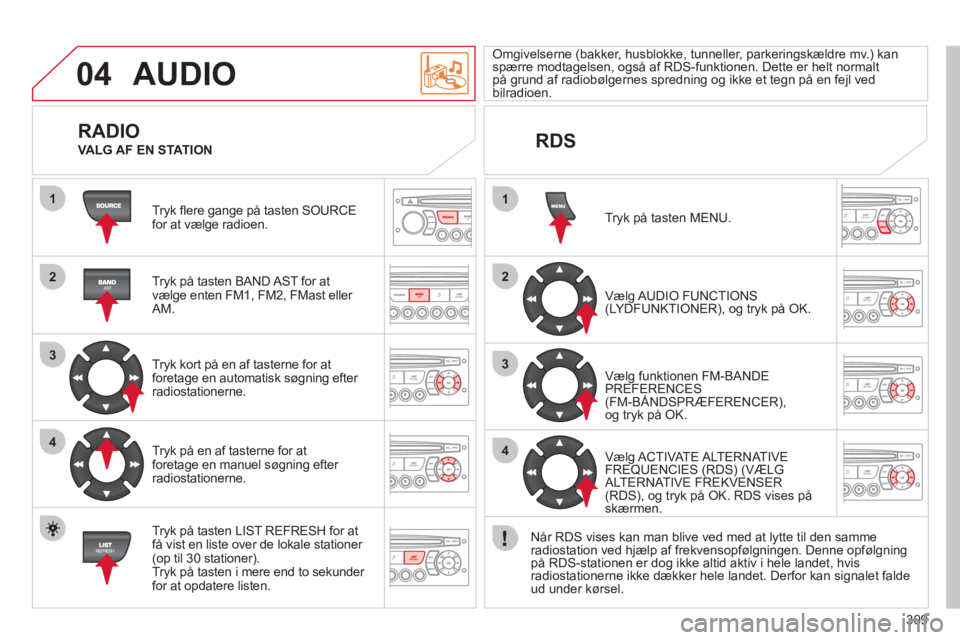 CITROEN C5 2012  InstruktionsbØger (in Danish) 309
04
1
2
3
4
1
2
3
4
AUDIO
  Tryk fl ere gange på tasten SOURCEfor at vælge radioen. 
   
Tr
yk på tasten BAND AST for at
vælge enten FM1, FM2, FMast eller AM.
   
Tryk kort på en af tasterne  CITROEN C5 2012  InstruktionsbØger (in Danish) 309
04
1
2
3
4
1
2
3
4
AUDIO
  Tryk fl ere gange på tasten SOURCEfor at vælge radioen. 
   
Tr
yk på tasten BAND AST for at
vælge enten FM1, FM2, FMast eller AM.
   
Tryk kort på en af tasterne