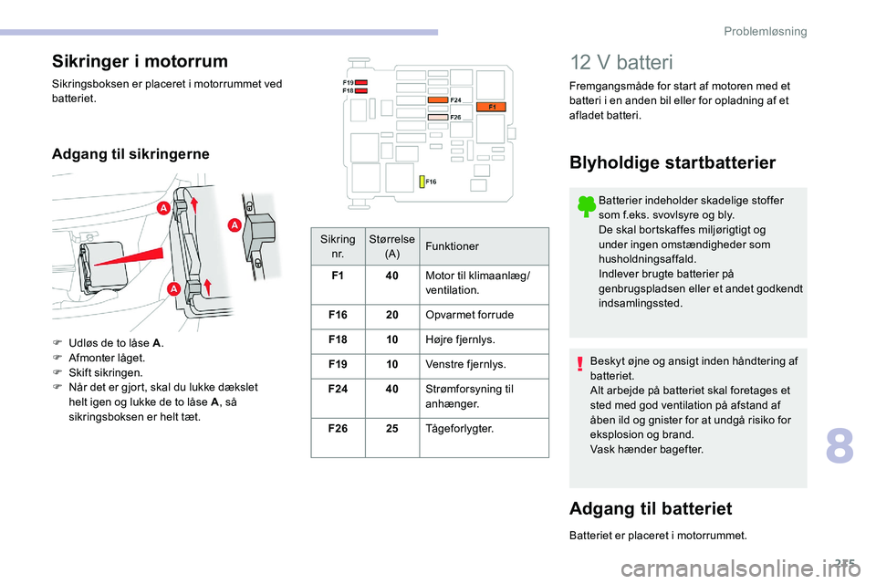 CITROEN C5 AIRCROSS 2020 InstruktionsbØger (in Danish) 215
Sikring n r. Størrelse
(A) Funktioner
F1 40Motor til klimaanlæg/
ventilation.
F16 20Opvarmet forrude
F18 10Højre fjernlys.
F19 10Venstre fjernlys.
F24 40Strømforsyning til
anhænger.
F26 25T CITROEN C5 AIRCROSS 2020 InstruktionsbØger (in Danish) 215
Sikring n r. Størrelse
(A) Funktioner
F1 40Motor til klimaanlæg/
ventilation.
F16 20Opvarmet forrude
F18 10Højre fjernlys.
F19 10Venstre fjernlys.
F24 40Strømforsyning til
anhænger.
F26 25T