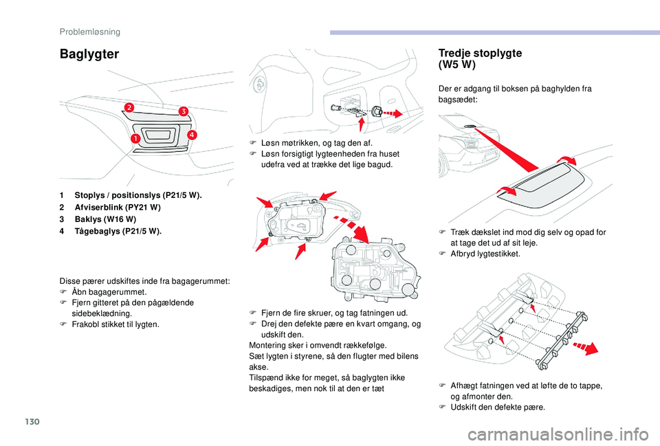 CITROEN C-ELYSÉE 2018  InstruktionsbØger (in Danish) 130
BaglygterTredje stoplygte
(W5
 
W)
Der er adgang til boksen på baghylden fra 
bagsædet:
F
 
A
 fhægt fatningen ved at løfte de to tappe, 
og afmonter den.
F
 
U
 dskift den defekte pære.
F
 
