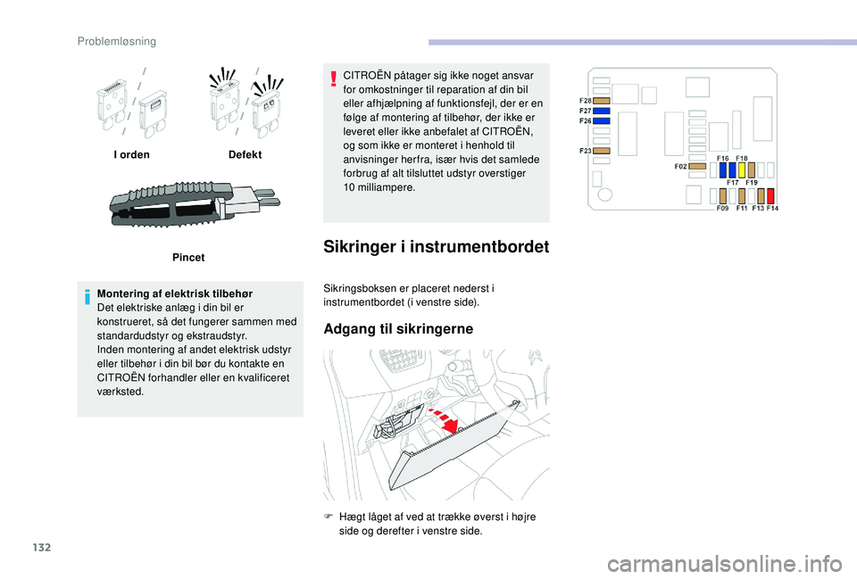 CITROEN C-ELYSÉE 2018  InstruktionsbØger (in Danish) 132
I ordenDefekt
Pincet
Montering af elektrisk tilbehør
Det elektriske anlæg i din bil er 
konstrueret, så det fungerer sammen med 
standardudstyr og ekstraudstyr.
Inden montering af andet elektri
