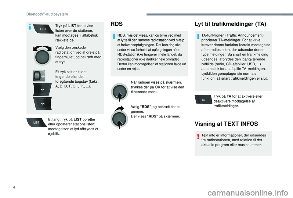 CITROEN C-ELYSÉE 2018 InstruktionsbØger (in Danish) 4
TA
Tryk på LIST for at vise
listen over de stationer,
kan modtages, i alfabetisk
rækkefølge.
Vælg den ønskede
radiostation ved at dreje på
fingerhjulet, og bekræft med
et tryk.
Et tryk CITROEN C-ELYSÉE 2018 InstruktionsbØger (in Danish) 4
TA
Tryk på LIST for at vise
listen over de stationer,
kan modtages, i alfabetisk
rækkefølge.
Vælg den ønskede
radiostation ved at dreje på
fingerhjulet, og bekræft med
et tryk.
Et tryk