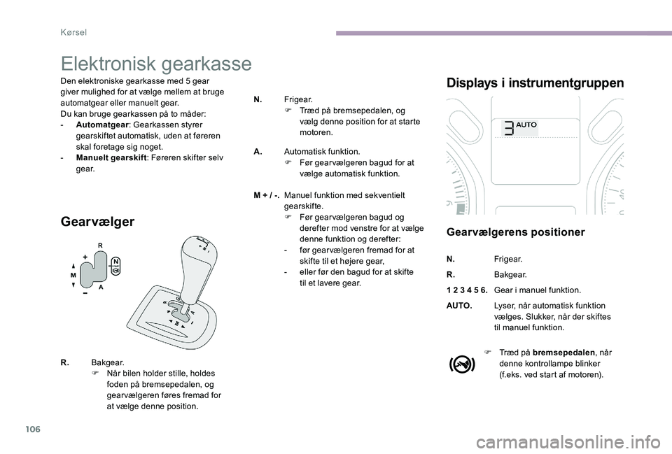 CITROEN C-ELYSÉE 2017 InstruktionsbØger (in Danish) 106
Elektronisk gearkasse
Den elektroniske gearkasse med 5 gear
giver mulighed for at vælge mellem at bruge
automatgear eller manuelt gear.
Du kan bruge gearkassen på to måder:
-
A
utomatgear : CITROEN C-ELYSÉE 2017 InstruktionsbØger (in Danish) 106
Elektronisk gearkasse
Den elektroniske gearkasse med 5 gear
giver mulighed for at vælge mellem at bruge
automatgear eller manuelt gear.
Du kan bruge gearkassen på to måder:
-
A
utomatgear :