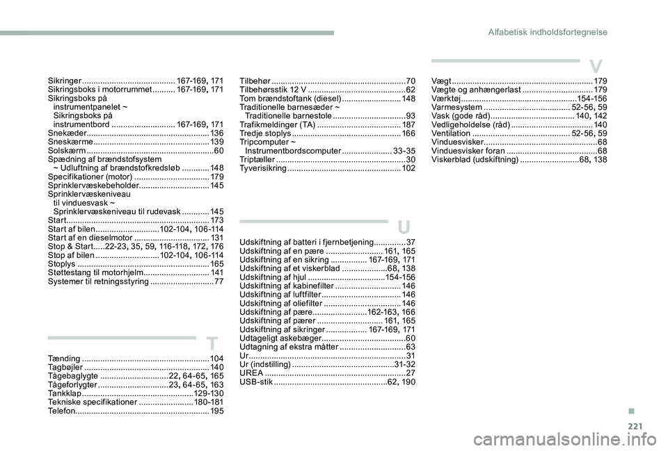 CITROEN C-ELYSÉE 2017 InstruktionsbØger (in Danish) 221
Tænding ........................................................ 104
Tagbøjler ....................................................... 140
Tågebaglygte
.............................. 22, 64 CITROEN C-ELYSÉE 2017 InstruktionsbØger (in Danish) 221
Tænding ........................................................ 104
Tagbøjler ....................................................... 140
Tågebaglygte
.............................. 22, 64