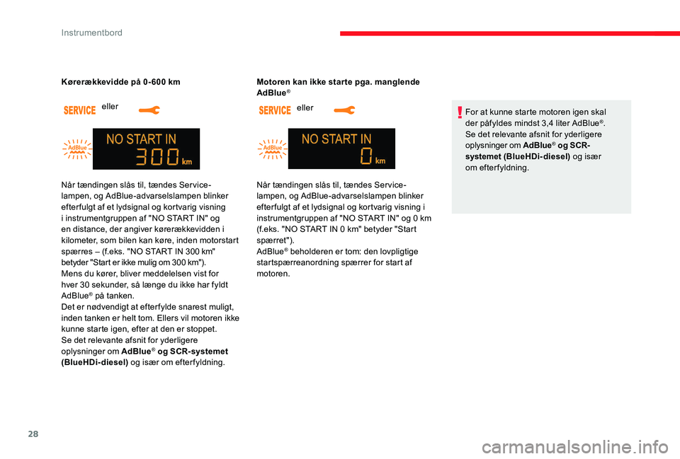 CITROEN C-ELYSÉE 2017 InstruktionsbØger (in Danish) 28
eller
Kørerækkevidde på 0- 600 km
eller
Motoren kan ikke star te pga. manglende
AdBlue
®
For at kunne starte motoren igen skal
der
påfyldes mindst 3,4 liter AdBlue®.
Se det relevante af CITROEN C-ELYSÉE 2017 InstruktionsbØger (in Danish) 28
eller
Kørerækkevidde på 0- 600 km
eller
Motoren kan ikke star te pga. manglende
AdBlue
®
For at kunne starte motoren igen skal
der
påfyldes mindst 3,4 liter AdBlue®.
Se det relevante af