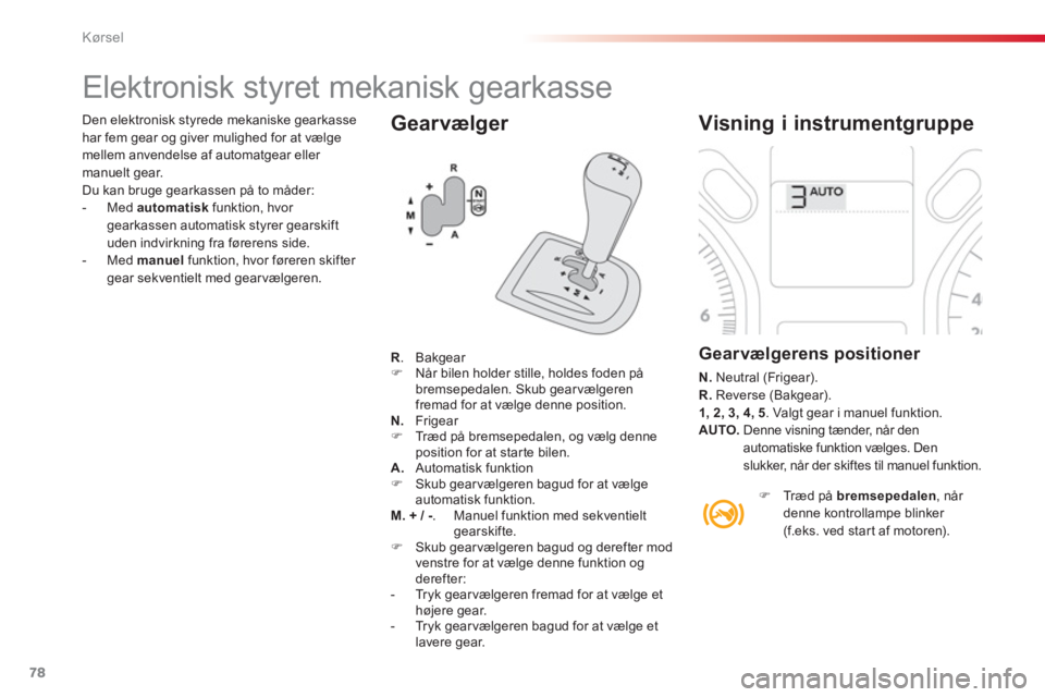 CITROEN C-ELYSÉE 2014  InstruktionsbØger (in Danish) 78
Kørsel
   
Gearvælger 
 
 
 
 
 
 
 
 
 
 
 
Elektronisk styret mekanisk gearkasse 
 
 Visning i instrumentgruppe 
 
 
Gearvælgerens positioner 
N.Neutral (Frigear).R.Reverse (Bakgear).
1, 2, 3,