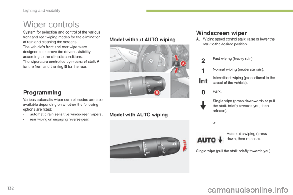 Citroen C4 RHD 2015 2.G Owners Manual 132
System for selection and control of the various front a nd r ear w iping m odes f or t he e limination of r

ain
 a
 nd
 c
 leaning
 t
 he
 s
 creens.
The
 v

ehicles
 f
 r