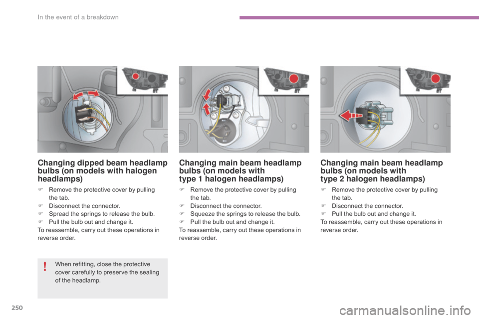 Citroen C4 RHD 2015 2.G Owners Manual 250
Changing main beam headlamp
bulbs (on models with
type
1 h
alogen headlamps)
F Remove t he p rotective c over b y p ulling th
e tab.
F
 Di
sconnect
 t
he
 c
onnector.
F
 Sq
ueez Citroen C4 RHD 2015 2.G Owners Manual 250
Changing main beam headlamp
bulbs (on models with
type
1 h
alogen headlamps)
F Remove t he p rotective c over b y p ulling th
e tab.
F
 Di
sconnect
 t
he
 c
onnector.
F
 Sq
ueez