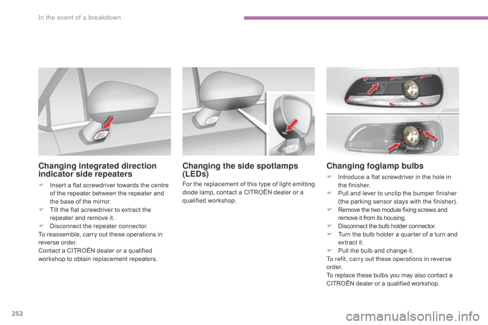 Citroen C4 RHD 2015 2.G Owners Manual 252
Changing foglamp bulbs
F Introduce a flat s crewdriver i n t he h ole i n the fi
nisher.
F
 Pu
ll
 a
nd
 l
ever
 t
o
 u
nclip
 t
he
 b
umper
 f
inisher
 (t
he
 p
arki Citroen C4 RHD 2015 2.G Owners Manual 252
Changing foglamp bulbs
F Introduce a flat s crewdriver i n t he h ole i n the fi
nisher.
F
 Pu
ll
 a
nd
 l
ever
 t
o
 u
nclip
 t
he
 b
umper
 f
inisher
 (t
he
 p
arki